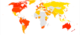 A map of the world with Europe, North America, Australia and much of South America shaded red, much of Asia is yellow, and most of Africa is grey