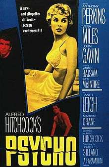 The poster features a large image of a young woman in white underwear. The names of the main actors are featured down the right side of the poster. Smaller images of Anthony Perkins and John Gavin are above the words, written in large print, "Alfred Hitchcock's Psycho".