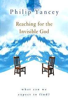 The words "Philip Yancey" in blue above the words "Reaching for the Invisible God" in brown above two brown chairs above the words "what can we expect to find?" in blue