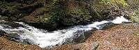 A view of a slide falls, looking down from at or near the top of the falls. It is autumn, with leaves in various stages of color on the trees; some are green and others are orange or yellow. Fallen leaves cover many of the rocks along the stream. The falls are horizontal through the image.