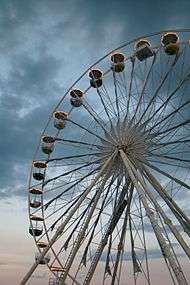 View of a Ferris wheel with white structure during twilight.