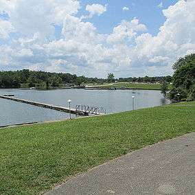 A photo of Rocky Fork Lake and marina from the east end overlook