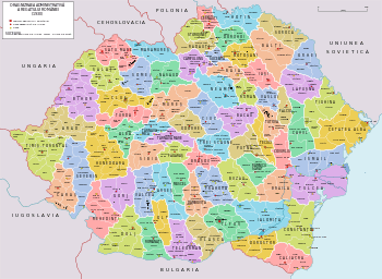 Colored map showing the territory of Romania and its division into 71 counties before the World War II.