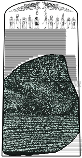 "Image of the Rosetta Stone set against a reconstructed image of the original stele it came from, showing 14 missing lines of hieroglyphic text and a group of Egyptian deities and symbols at the top"