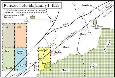 A color digital map of the town of Rosewood marking the structures that stood on January 1, 1923 and the Seabord Air Line Railway