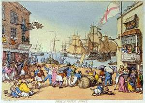 painting of a busy dockside scene showing sailors carousing with women, and tradesmen transporting their wares