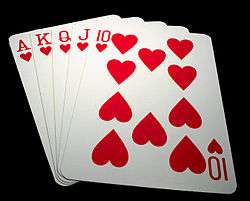 Five playing cards – the ace, king, queen, jack and ten of hearts – spread out in a fan.