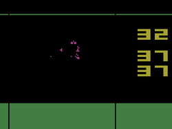 Several replicating purple squares are clustered together on a pitch black background. Beside them are the numbers 32. 37 37. A blank green bar fill the lower quarter of the screen.