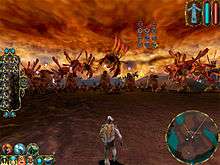 A humanoid stands in the foreground, facing away. Various creatures, large and small, are arrayed in front of him in a line. The scenery is tinged in red, including the clouds swirling above. Various icons and gauges line the left and right of the screen.