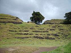 A series of semi-collapsed dry-stone terraces, overgrown with short grass. On top of the uppermost of five terraces stand the crumbling, overgrown remains of two large buildings flanking the ruins of a smaller structure.