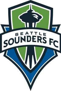 The Seattle Sounders FC crest, with the team's name on a banner stretched across a green and blue shield with the shape of the Space Needle in the center.