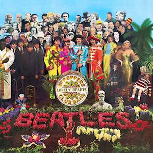 An image of the Beatles, holding marching band instruments and wearing colourful uniforms, standing near a grave covered with flowers that spell "Beatles". Standing behind the band are several dozen famous people.