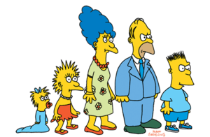 A cartoon drawing of a family, with a baby, two children, and two parents. They are dressed in casual and formal clothing, and have yellow skin.