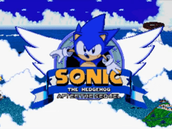 A cartoon hedgehog looks upward optimistically at the camera. He appears in a logo that forms the focal point of the screen and contains the text "Sonic the Hedgehog: After the Sequel". The background consists of clouds over a shimmering ocean, with part of an island visible in the lower-right corner.