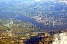 Aerial view of the town of Sorel-Tracy, the Saint Lawrence River and the Sorel Islands.