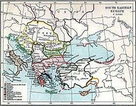 Map of south-eastern Europe and Anatolia. Southern Greece and the Aegean are fragmented between Byzantines and Latins. Byzantium controls the central Balkans from the Adriatic to the Black sea, with smaller Serbia and Bulgaria to its north. Beyond these lie Hungary, controlling Croatia and much of modern-day Romania, and the Romanian principalities of Wallachia and Moldavia. Anatolia is dominated by Turkish states, with the Ottoman emirate highlighted in the northwest, across the sea from the Byzantines. The empire of Trebizond is in the northeast of Anatolia, with other Latin powers in the southeast.