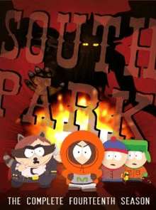 Four crudely animated children sport a heroic theme in front of a maroon background, which also features fire. The words "The Complete Fourteenth Season" underline the image.