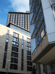 St Paul's Tower, a new, mixed use development which forms part of the St Paul's Place development. In the top left corner is the Main St Paul's tower itself. Below it is the Tower 2, connected to the main tower but half the height. To the right is another office building in the same development. All have been completed within the last 5 years and represent some of the newest architecture in the city.