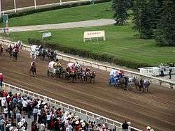 Four wagons driven by teams of four horses race down a dirt track. Several riders on horseback follow as a crowd of spectators looks on from behind a guardrail.