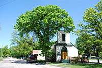 A single-storey white stucco church with a large elm tree spreading overhead.