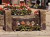 Stocks, made from central dark wooden stock beams with two holes in. The beams are supported by stone pillars. They have flowers planted in front of them, and the market cross, also with flowers, sits behind.