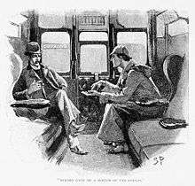 Holmes (in deerstalker hat) talking to Watson (in a bowler hat) in a railway compartment