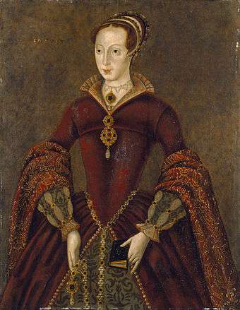  A stiff Elizabethan-style three-quarter portrait of Lady Jane Grey wearing elaborate formal dress and holding a prayer book. She is a tall, pale, rather horsey-faced young woman.