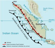 Drawing of an overhead view of an elongated island stretching from the top left corner to the bottom right corner and labelled with names of locations.