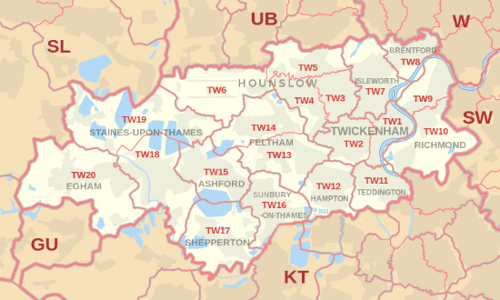 TW postcode area map, showing postcode districts, post towns and neighbouring postcode areas.