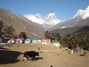 A village in a large mountain valley. In the distance very high snow-covered mountains are visible.