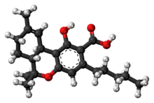 Ball-and-stick model of the tetrahydrocannabinolic molecule