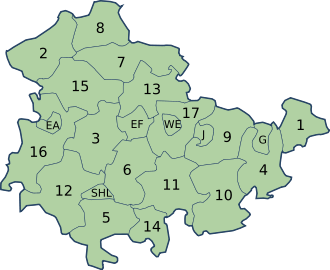 Map of Thuringia showing the boundaries of the districts