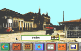 A screenshot from The Amazon Trail game (DOS version) showing a photographic scene in the city of Belém, Brazil.