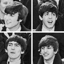 A square quartered into four head shots of young men with moptop haircuts. All four wear white shirts and dark coats.