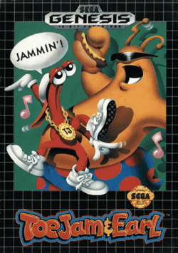 Two cartoon-style characters dance; one holds a hot dog and the other, in a speech bubble above his head, says "JAMMIN'!". Text below them reads, "ToeJam & Earl".