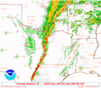 A map of Texas and adjoining states to NW titled 'Tornado Watch #10 - Valid from 340PM until 930 PM CST'. It shows thunderstorm intensity by colour. A narrow linear area of intense color ranges from SW of Hondo to Dallas. From Dallas to the N and NW the colors are less intense but much wider E-W. Splodges of localised color are scattered over the rest of the map.