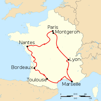 Map of France with the route of the 1904 Tour de France on it, showing that the race started Montgeron (close to Paris), went clockwise through France and ended in Paris after six stages.