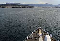 View of coast and port from an approaching ship