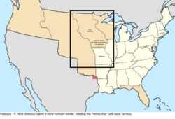 Map of the change to the United States in central North America on February 11, 1839