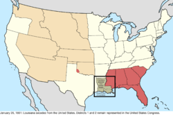 Map of the change to the United States in central North America on January 26, 1861