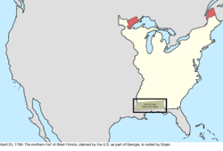 Map of the change to the international disputes involving the United States in central North America on April 25, 1796