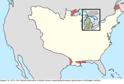 Map of the change to the disputes involving the United States in central North America on August 16, 1812