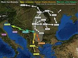 Map of southeastern Europe, with coloured arrows indicating the Vlach dispersion