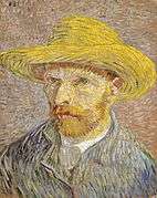  A portrait of Vincent van Gogh from the left, with a relaxed look, a red beard and wearing a straw hat.