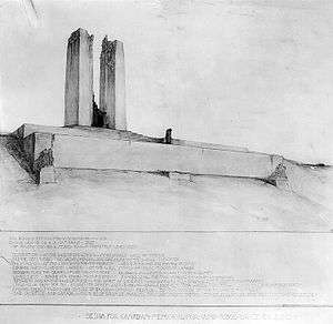 A black and white drawing of a white limestone memorial built on the top of a hill. The memorial has a large front wall with rising steps on each end. Two large pylons of stone rise from a platform at the top of the wall.