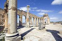 Interior view of a ruined colonnaded building showing the interior columns