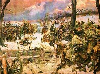 Painting shows French dragoons and Polish lancers attacking Russian infantry.