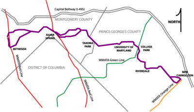 A scaled map illustrating the Purple Line route and its intersections with existing subway lines.