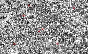 Victorian map of London marked with seven dots within a few streets of each other