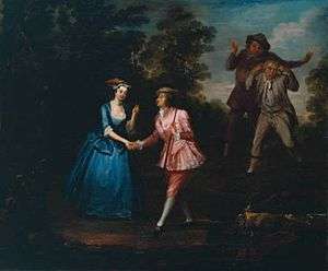 A woman meets a man in a sylvan scene. She wears a blue silk dress, and he—an actress dressed as a man—wears a pink silk jacket and breeches, with white stockings and silver-buckled shoes. They each solicitously clasp the other's right hand, while two rude men in more humble attire look on.